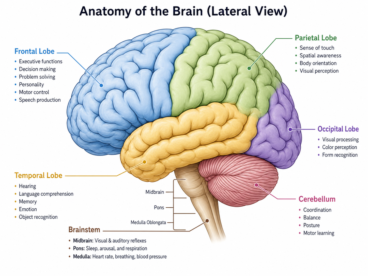 Labeled brain anatomy diagram with lobes, cerebellum, brainstem, and key regions