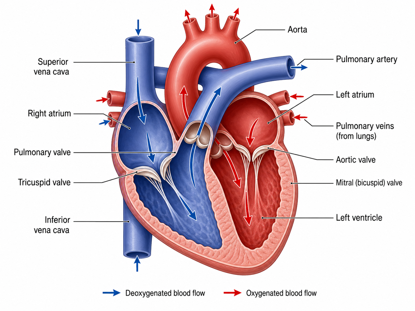 Labeled heart anatomy diagram showing chambers, valves, major vessels, and blood flow direction