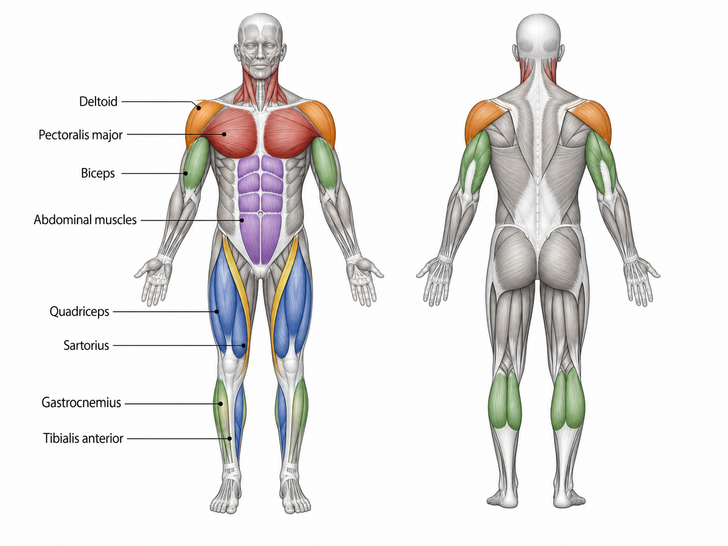 Labeled human muscular system diagram with anterior muscles of the torso, arms, and legs