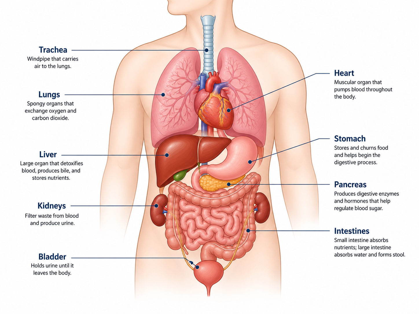 Labeled human organ diagram showing digestive, respiratory, circulatory, and urinary organs in the torso