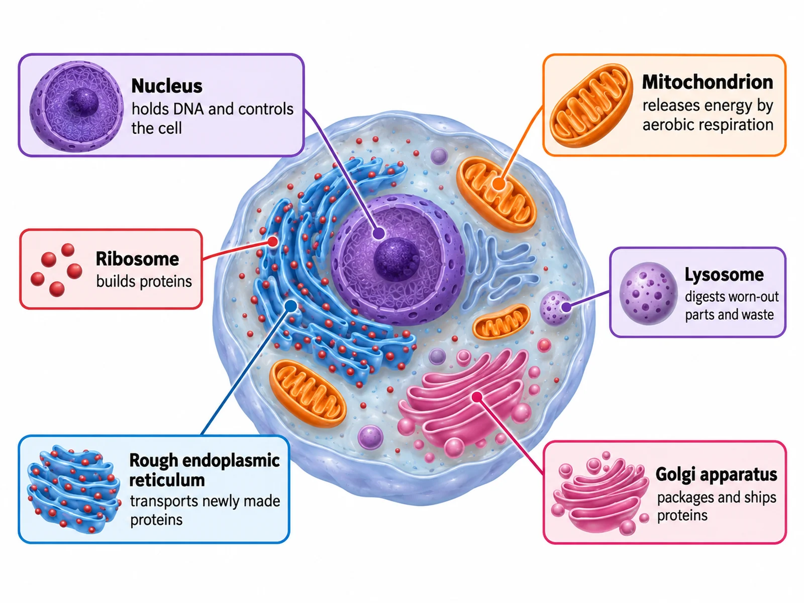 Animal cell diagram with callout cards describing the function of each labeled organelle