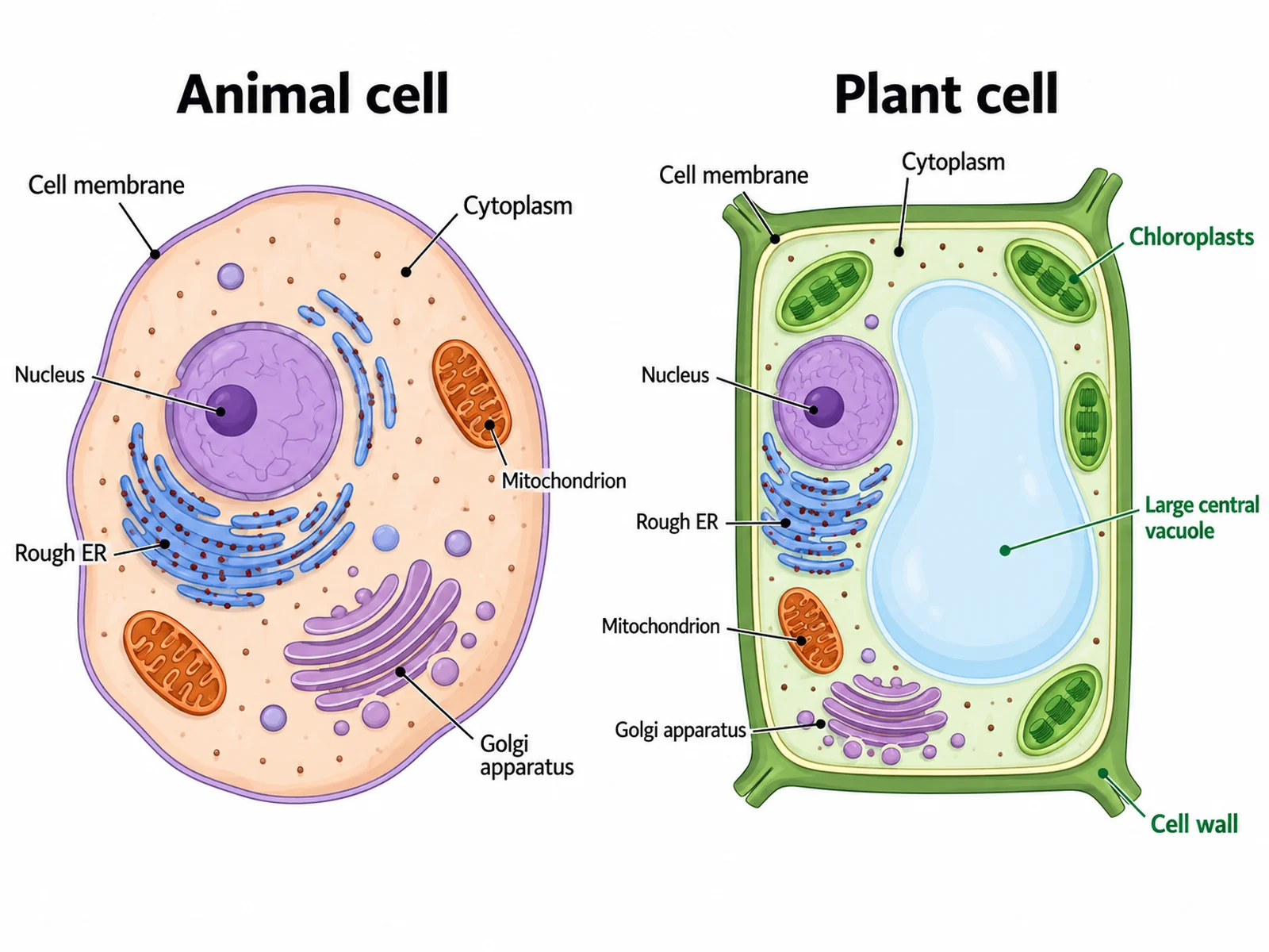 Side-by-side comparison of a labeled animal cell and a labeled plant cell highlighting the cell wall, chloroplasts, and central vacuole as plant-only structures