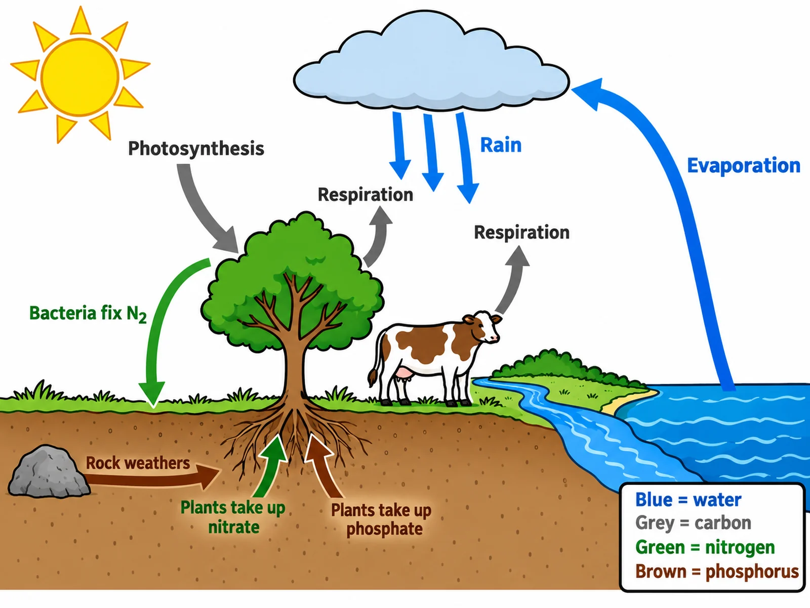 Easy drawing of the biogeochemical cycles on one landscape with a sun, cloud, tree, cow, soil, river, and ocean, and colour-coded arrows for the water, carbon, nitrogen, and phosphorus cycles