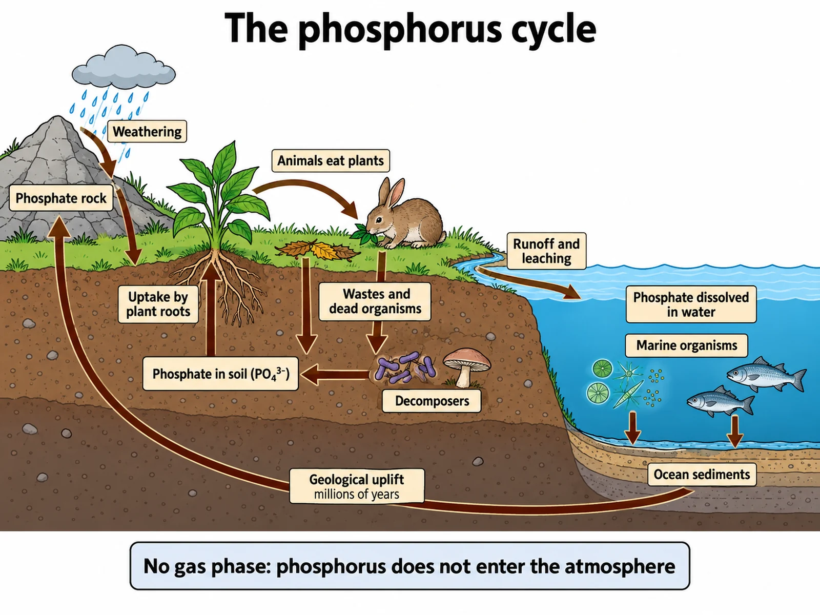 Labeled phosphorus cycle diagram tracing phosphate from weathered rock to soil, plant roots, animals, and decomposers, then by runoff to the ocean, sediments, and geological uplift, with no arrow into the atmosphere