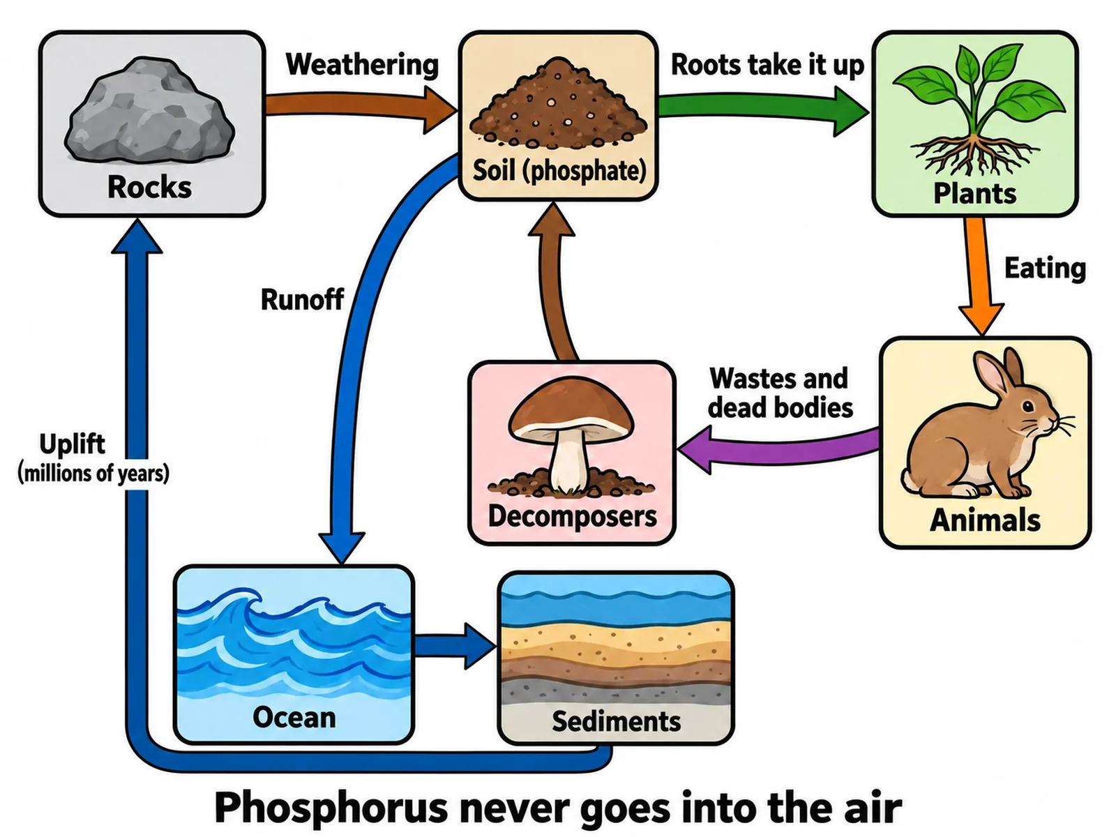Simple phosphorus cycle diagram drawn as a loop of six boxes from rocks to soil, plants, animals, and decomposers, with a side branch through the ocean and sediments back to rock