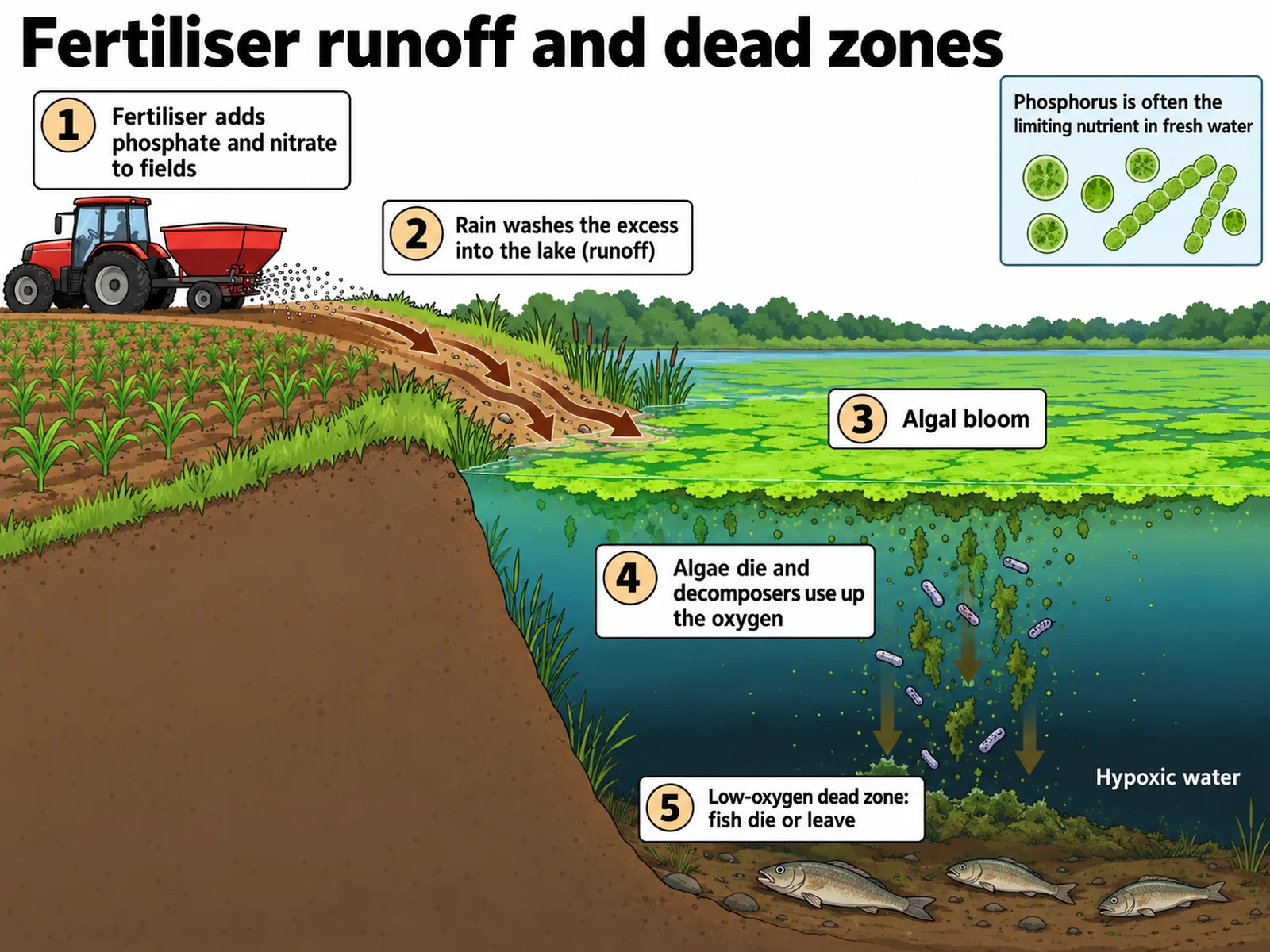 Eutrophication diagram showing fertiliser phosphate and nitrogen running off farmland into a lake, an algal bloom, decomposition using up oxygen, and a low-oxygen dead zone where fish die