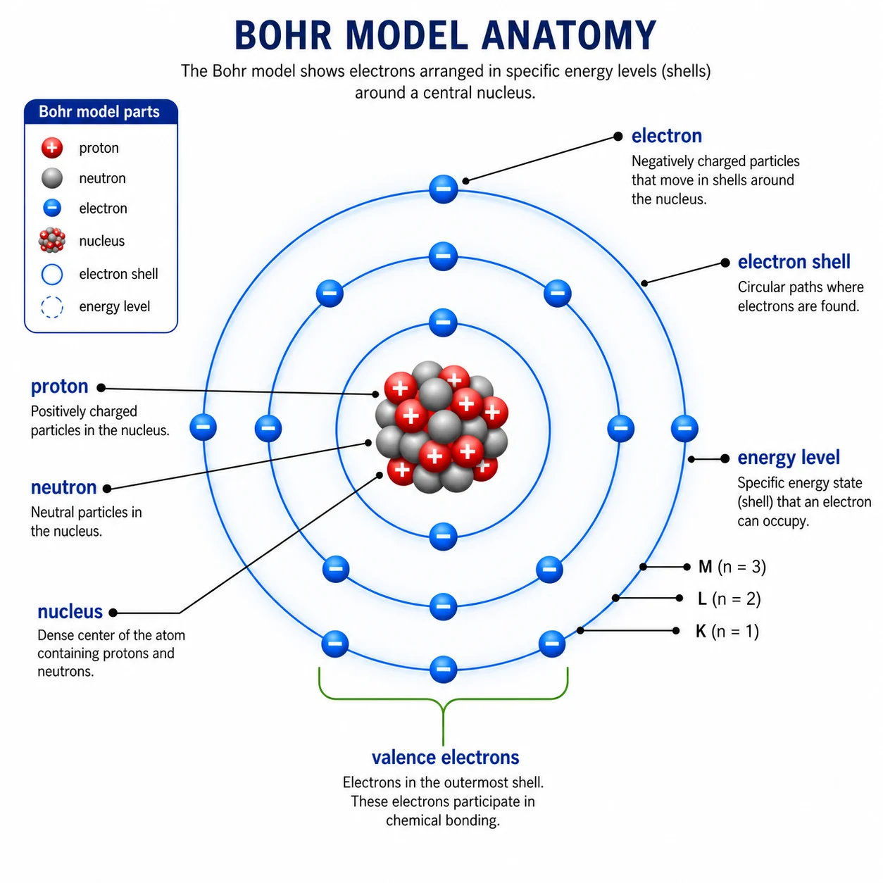Vollständig beschriftetes Bohrsches Atommodell mit Protonen, Neutronen, Elektronen, Atomkern, Elektronenschalen, Energieniveaus und Valenzelektronen