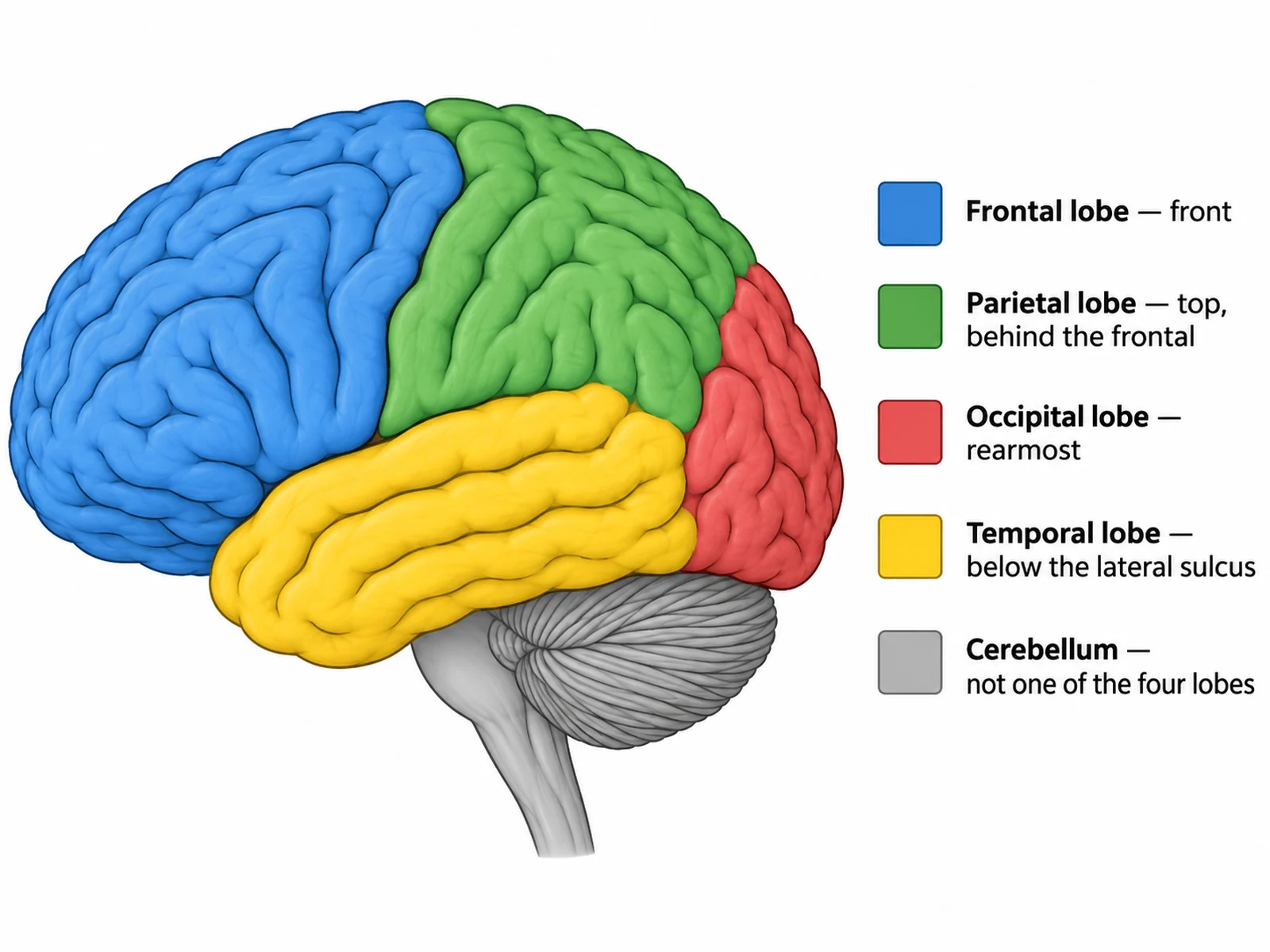 Brain lobes diagram showing the frontal, parietal, temporal, and occipital lobes in separate colours with the cerebellum shown as a separate structure