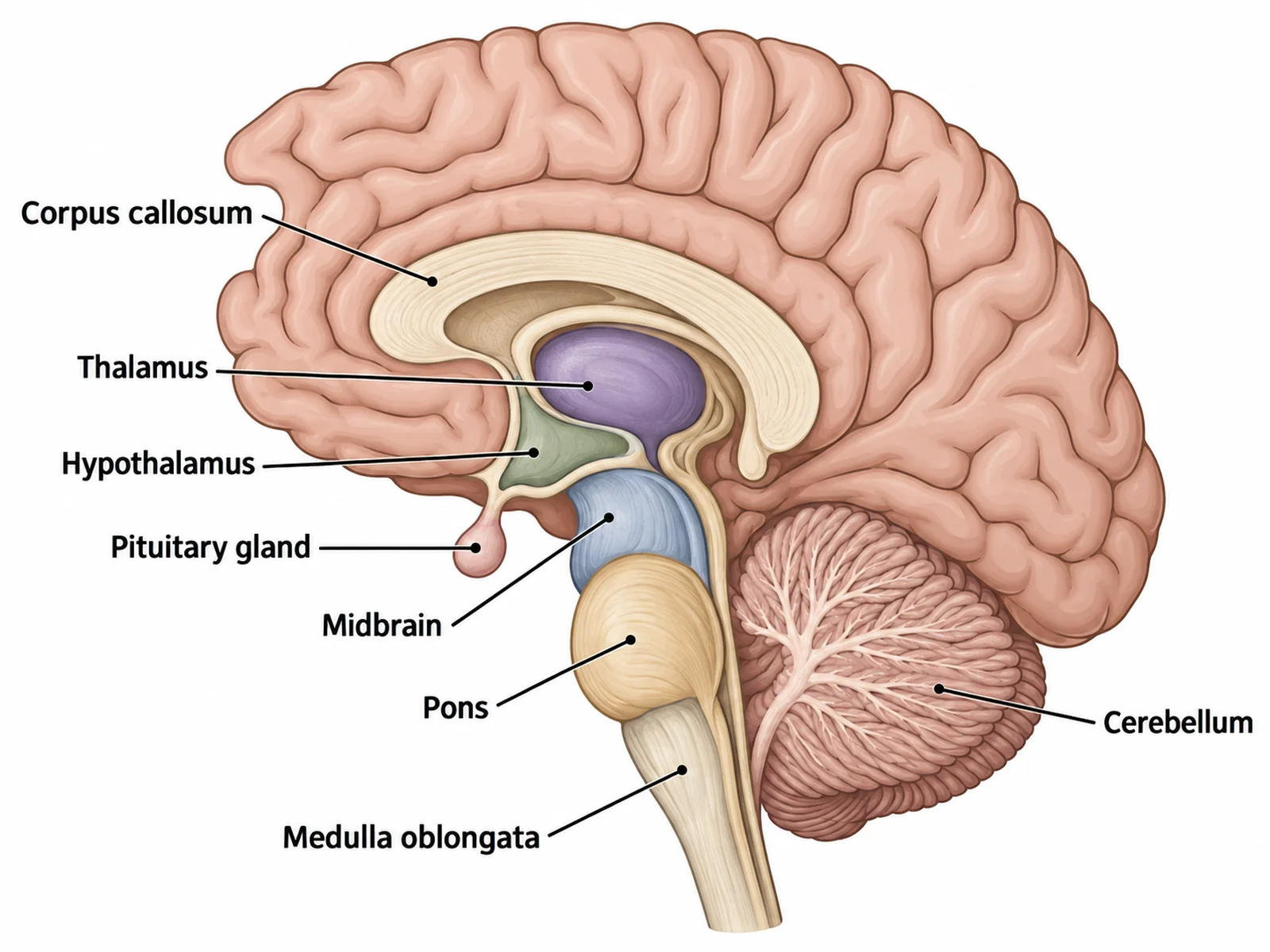 Midsagittal section of the brain labeling the corpus callosum, thalamus, hypothalamus, pituitary gland, midbrain, pons, medulla oblongata, and cerebellum
