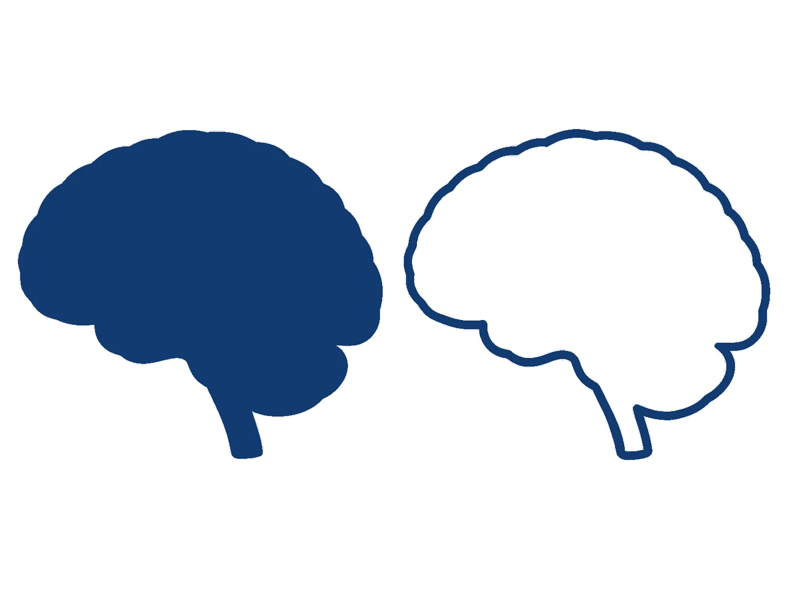 Plain brain silhouette as a flat single-colour shape beside a matching unfilled brain outline, both with no internal detail or labels