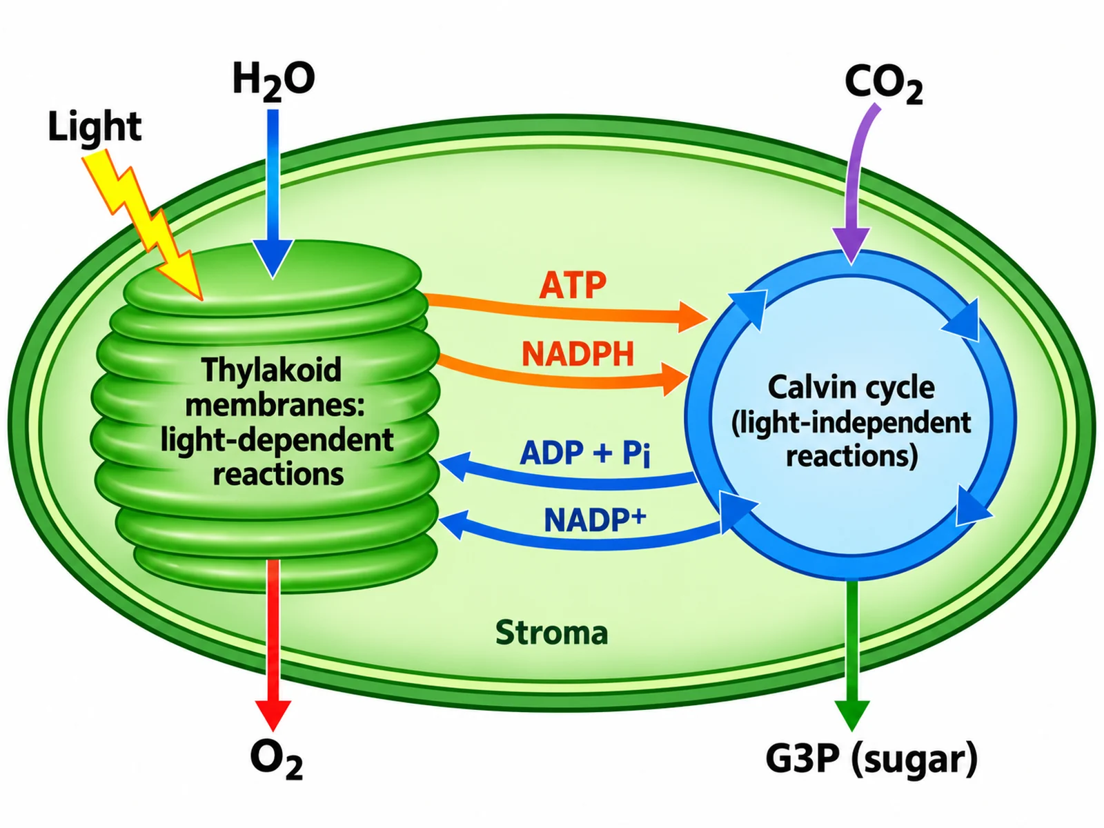 Chloroplast diagram linking the light-dependent reactions in the thylakoid membranes to the Calvin cycle in the stroma through ATP, NADPH, ADP, and NADP+
