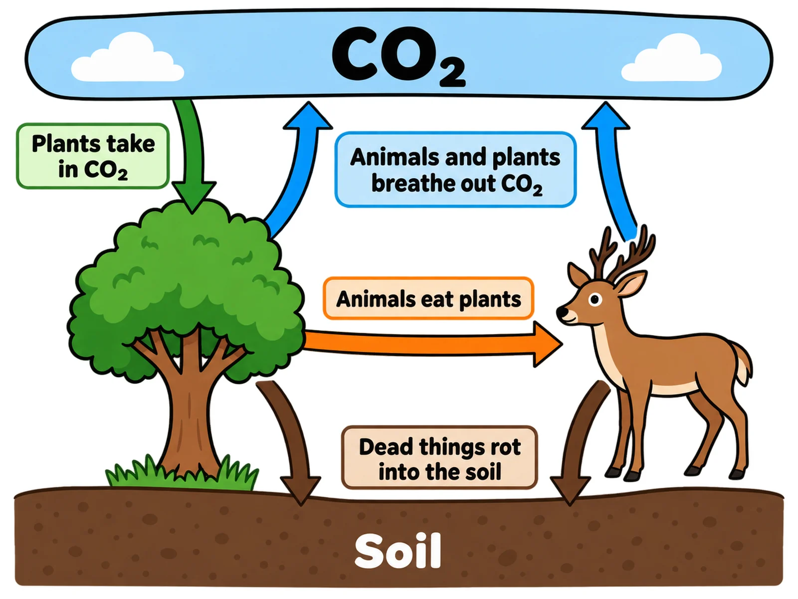 Simple easy-to-draw carbon cycle for younger students with four labeled arrows