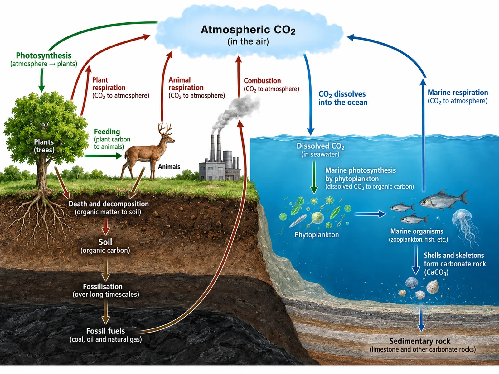 Carbon cycle diagram including ocean uptake, dissolved CO2, marine organisms, and sedimentary carbonate rock