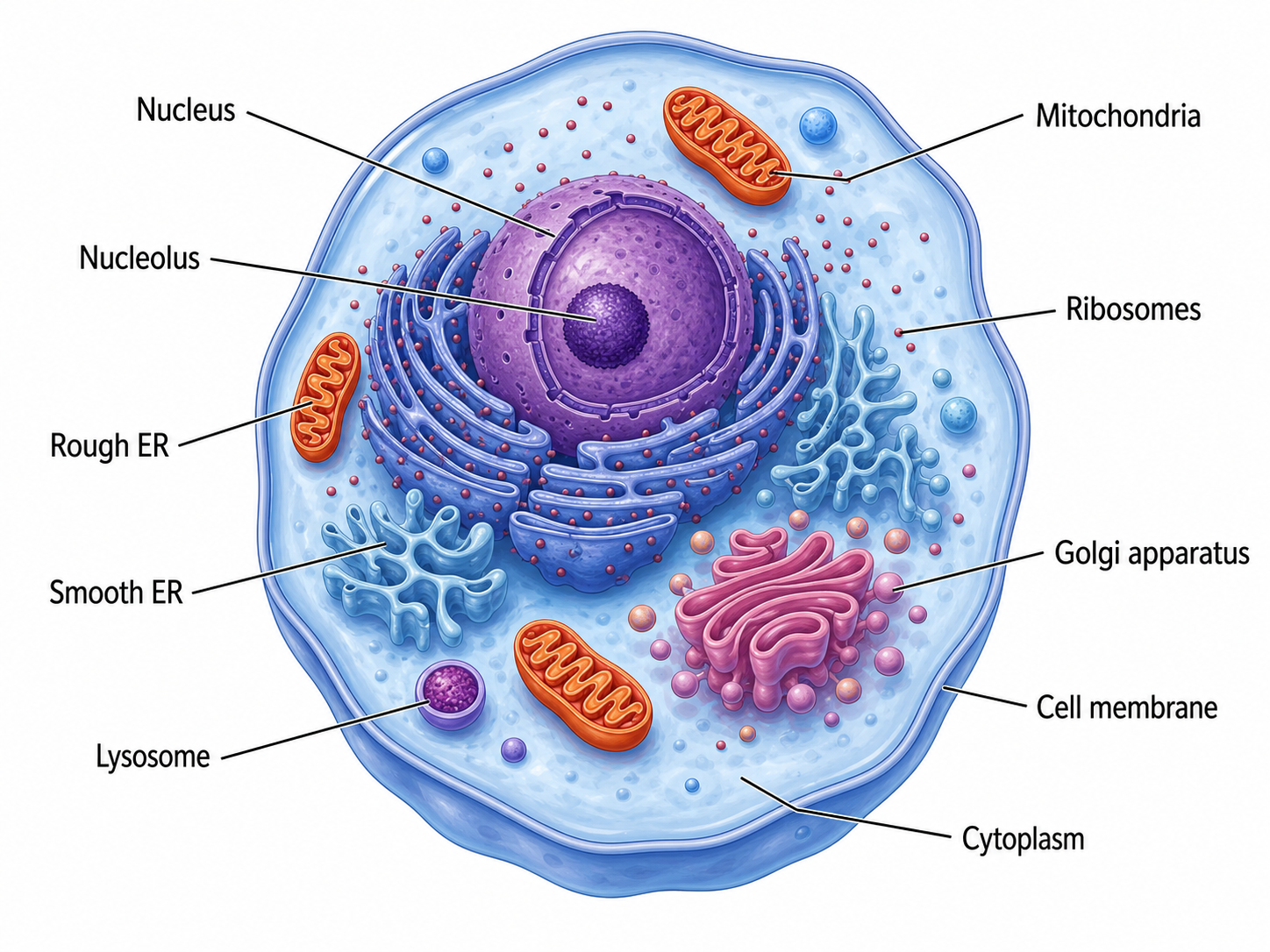 Labeled animal cell diagram with nucleus, mitochondria, endoplasmic reticulum, Golgi apparatus, ribosomes, and cell membrane