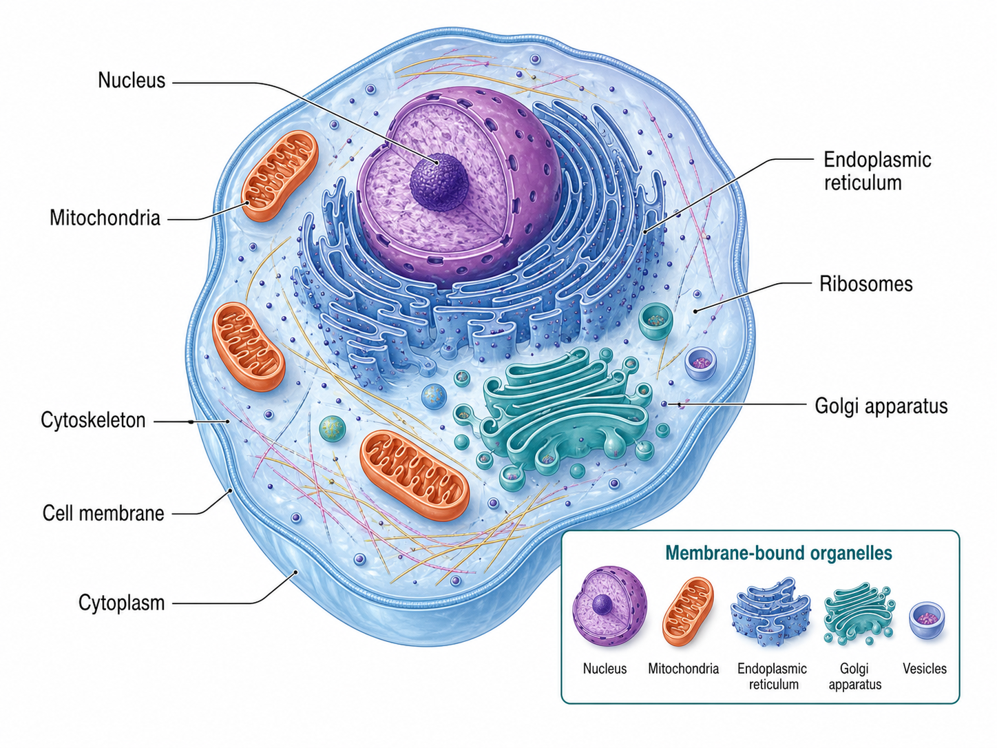 Labeled eukaryotic cell overview with nucleus, mitochondria, endoplasmic reticulum, Golgi apparatus, vesicles, cytoskeleton, and membrane
