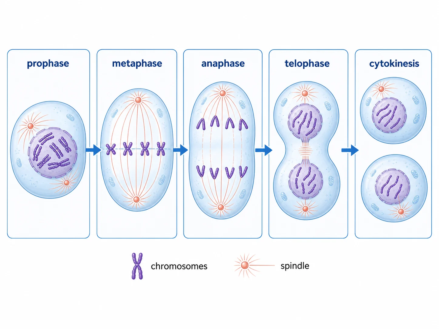Illustration der Zellteilung mit Prophase, Metaphase, Anaphase, Telophase, Zytokinese, Chromosomen und Spindelfasern