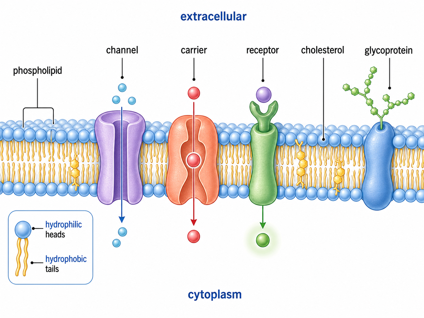 Cell membrane structure illustration showing phospholipid bilayer, channel, carrier, receptor, cholesterol, glycoprotein, extracellular space, and cytoplasm