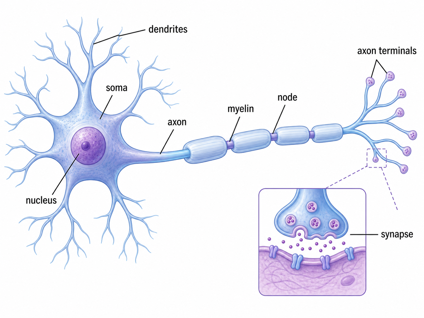 Neuron structure illustration with soma, nucleus, dendrites, axon, myelin sheath, nodes, axon terminals, and synapse inset