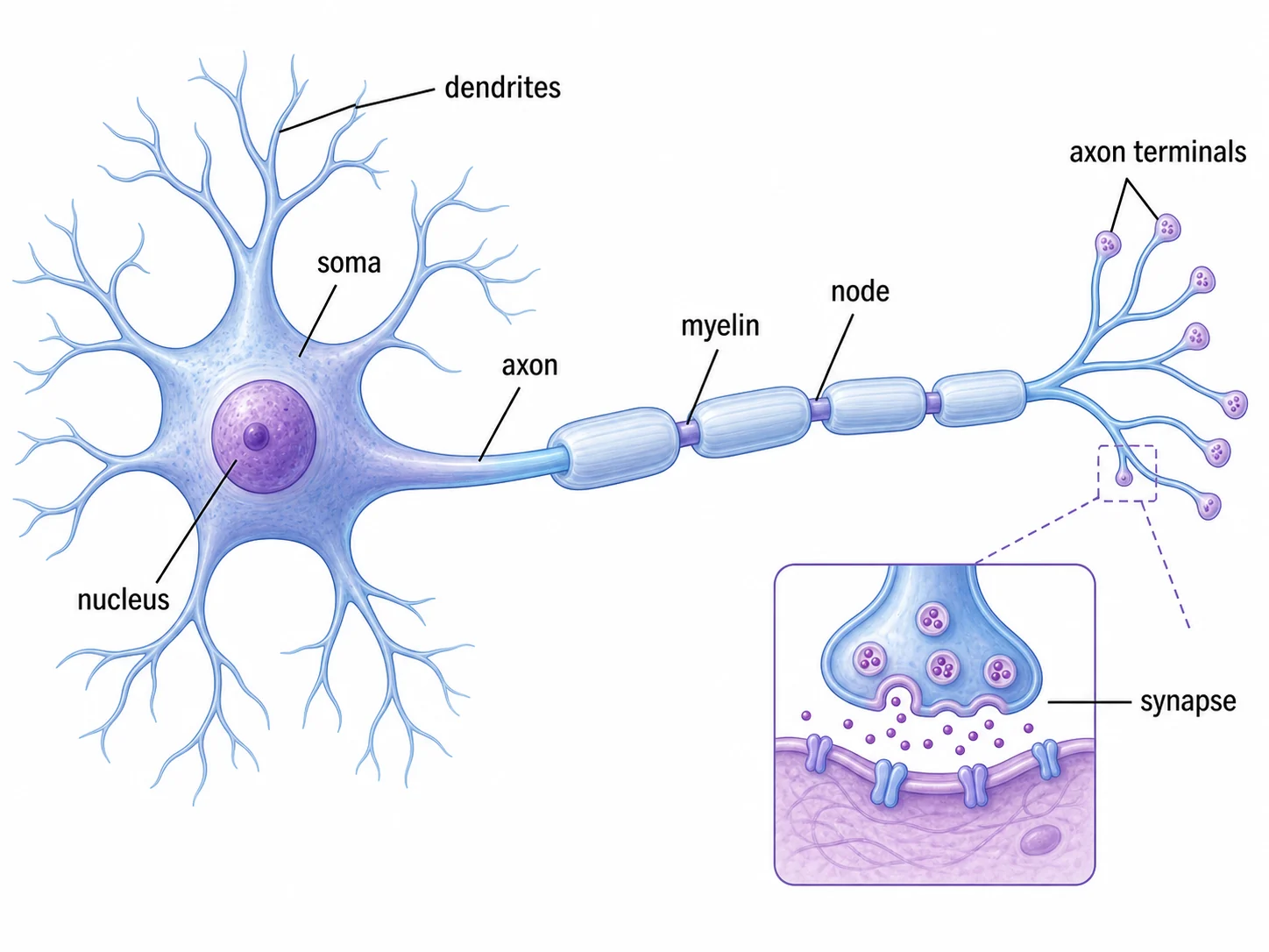 Illustration einer Nervenzelle mit Zellkörper (Soma), Zellkern, Dendriten, Axon, Myelinscheide, Ranvierschen Schnürringen, synaptischen Endknöpfchen und Detailausschnitt der Synapse