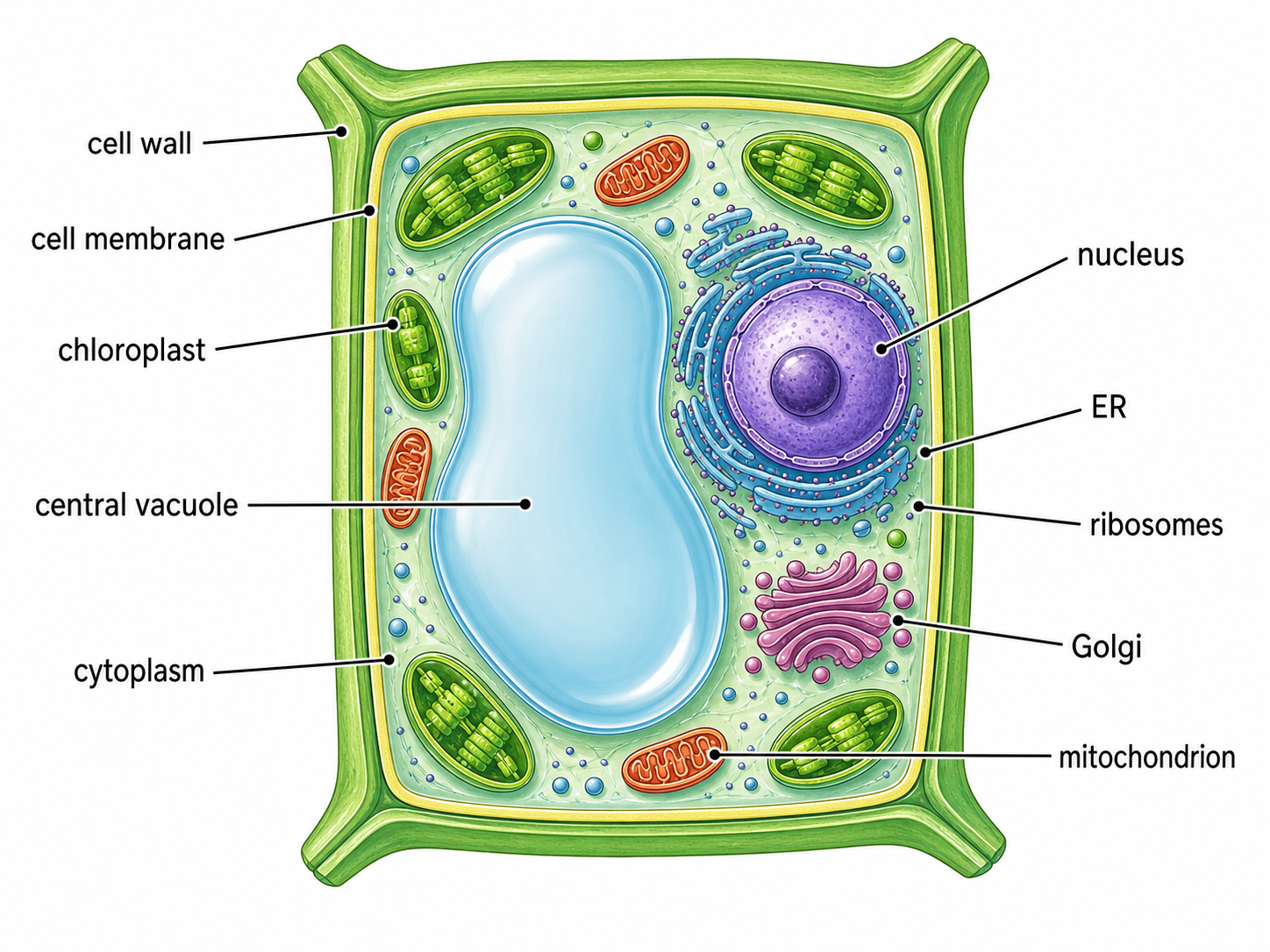 Labeled plant cell illustration with cell wall, cell membrane, chloroplasts, central vacuole, nucleus, mitochondria, Golgi apparatus, and cytoplasm