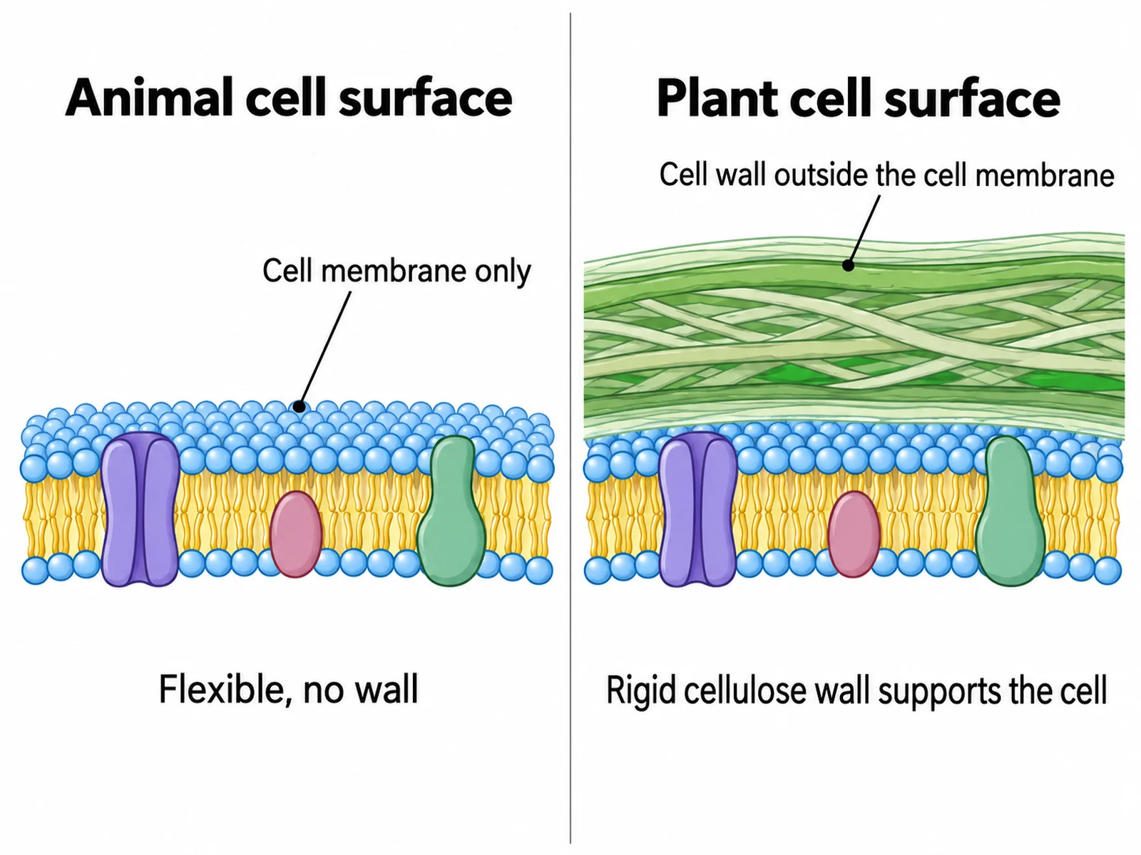 Comparison of an animal cell surface and a plant cell surface showing the cellulose cell wall outside the plant cell membrane