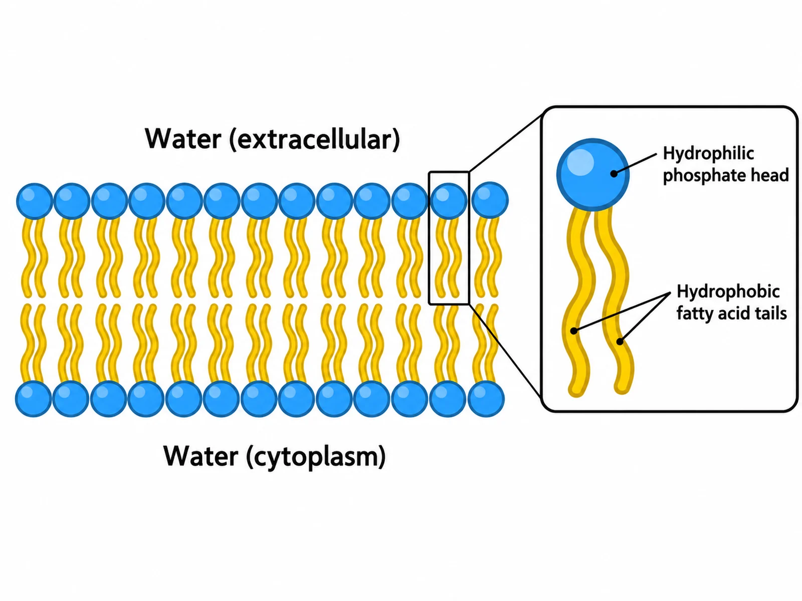 Simple phospholipid bilayer diagram labeling the hydrophilic phosphate head, the hydrophobic fatty acid tails, and the two sides of the membrane