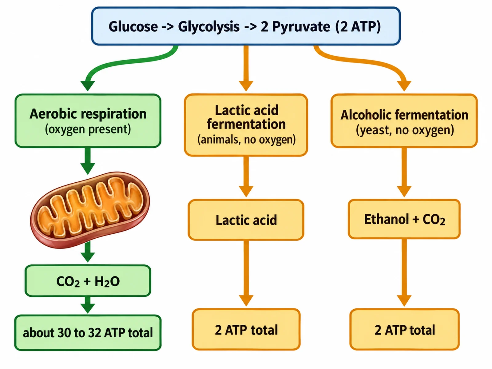 Comparison diagram of aerobic respiration, lactic acid fermentation, and alcoholic fermentation with their products and ATP yields