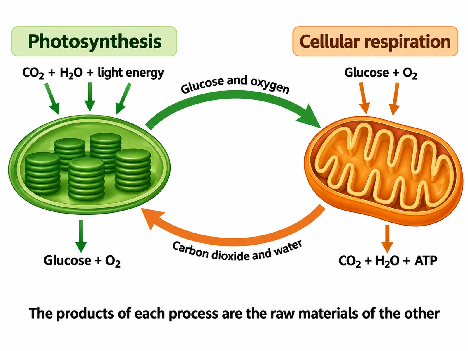 Side-by-side comparison of photosynthesis in the chloroplast and cellular respiration in the mitochondrion, drawn as a closed loop