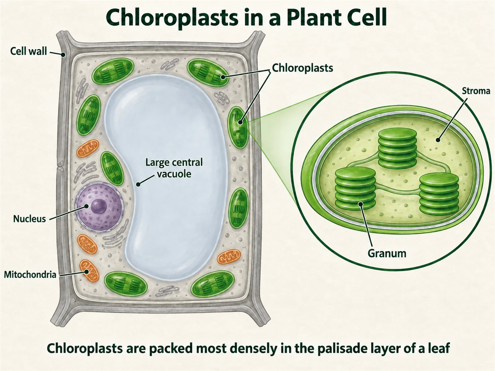 Plant cell diagram with several chloroplasts highlighted in the cytoplasm alongside a magnified callout of one organelle
