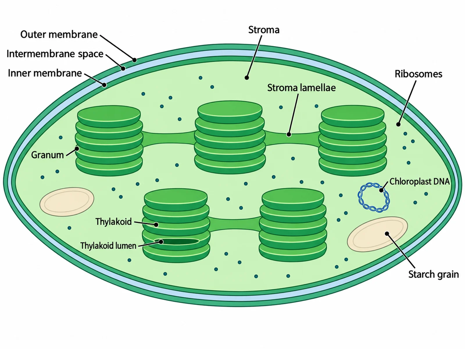 Labeled chloroplast diagram naming the outer and inner membranes, intermembrane space, stroma, thylakoids, grana, stroma lamellae, chloroplast DNA, and starch grains