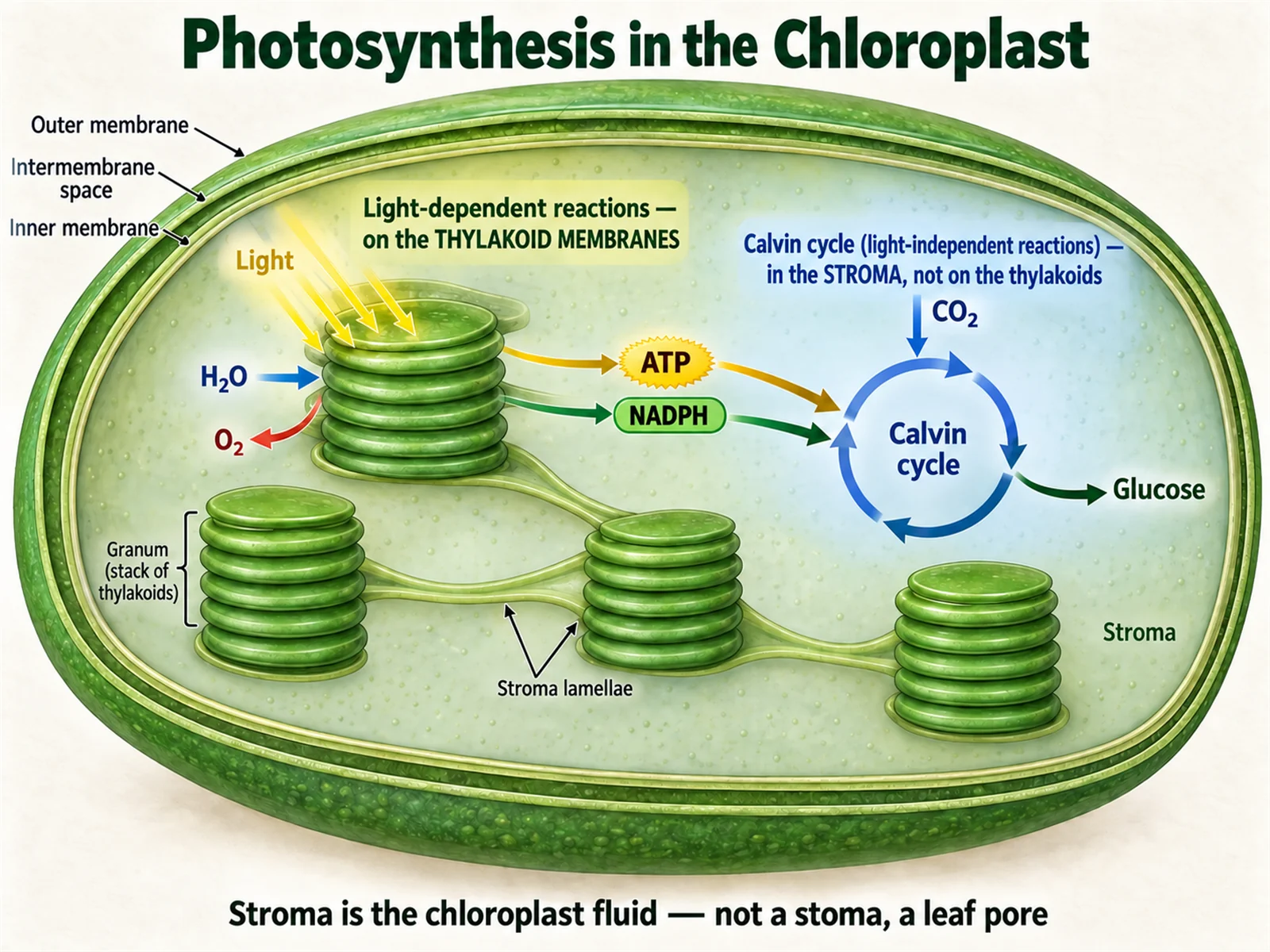 Diagram placing the light-dependent reactions on the thylakoid membranes and the Calvin cycle in the stroma of one chloroplast