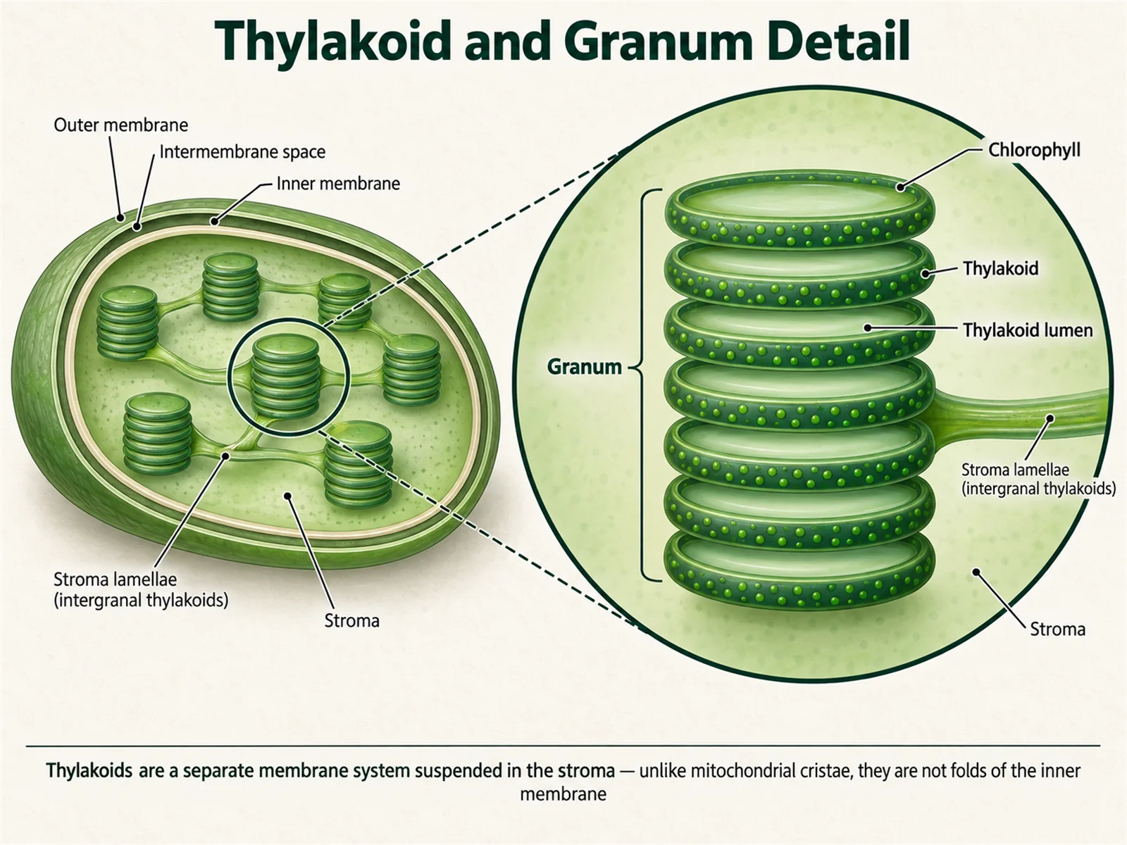 Magnified view of one granum showing countable thylakoid discs, the thylakoid lumen, chlorophyll in the membrane, and bridging stroma lamellae