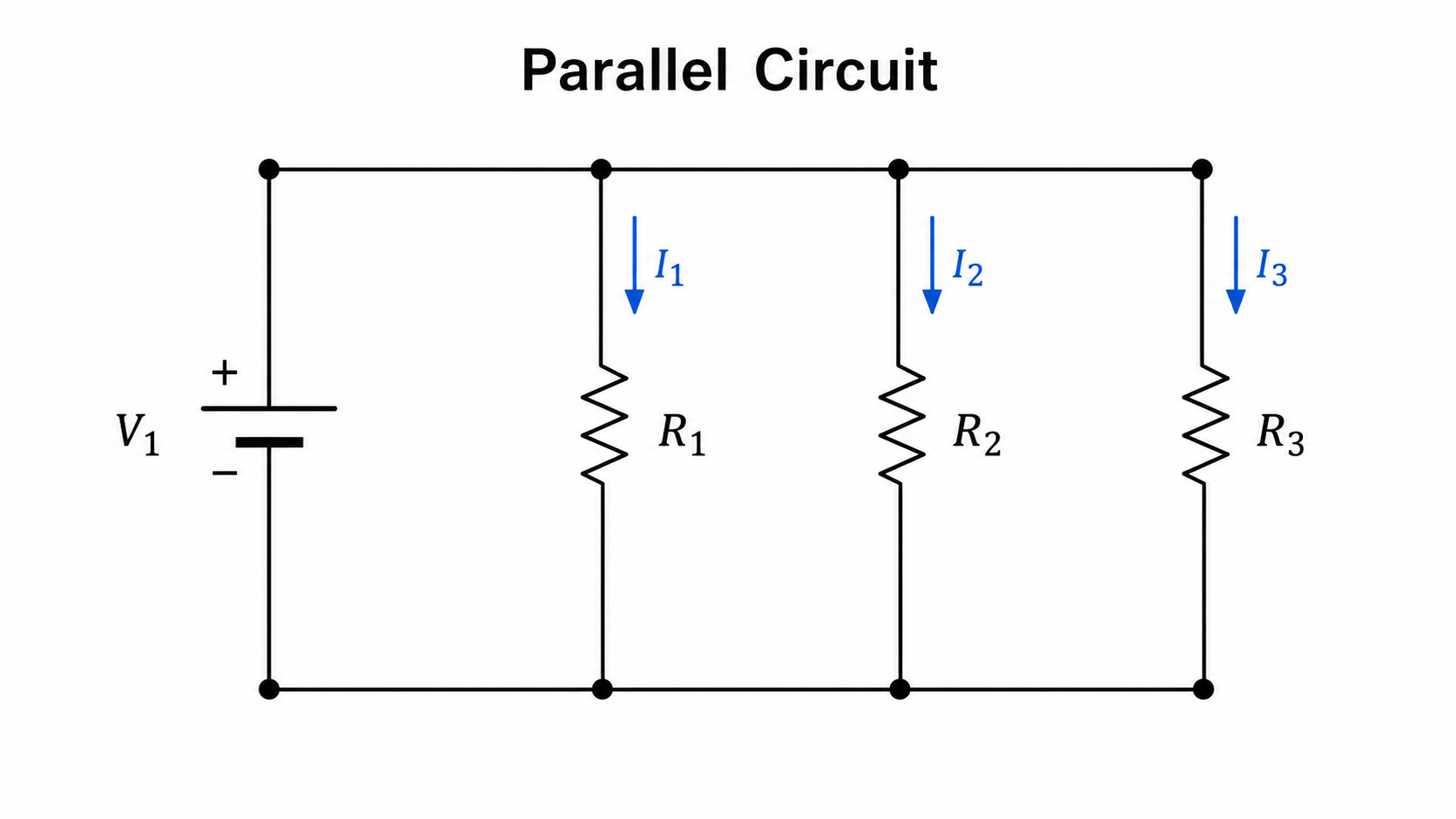 Parallel circuit diagram showing a battery connected to three labeled resistor branches with branch current arrows