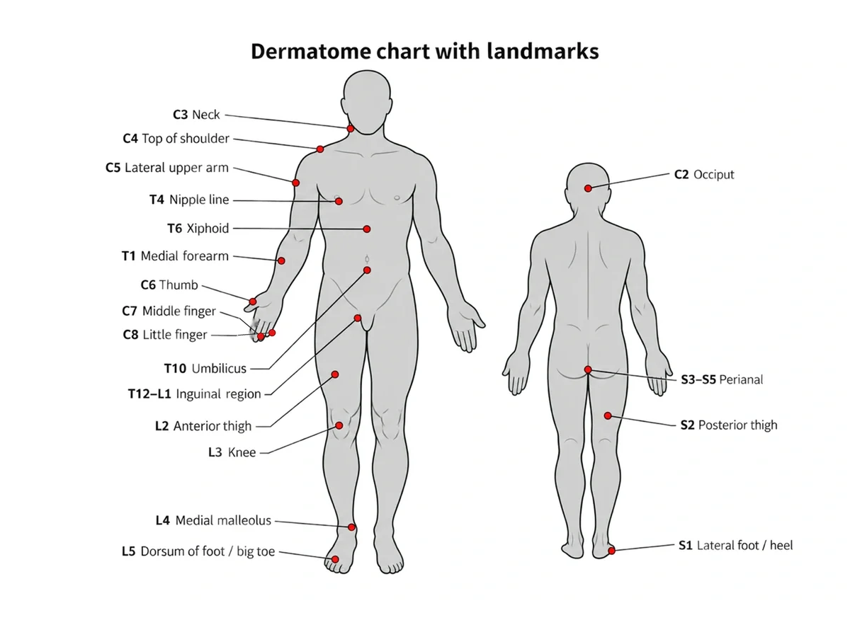 Dermatome chart with landmarks: front and back body outlines with key sensory points marked as dots, including C6 at the thumb, C7 at the middle finger, C8 at the little finger, T4 at the nipple line, T10 at the umbilicus, L4 at the inner ankle and S1 at the outer heel