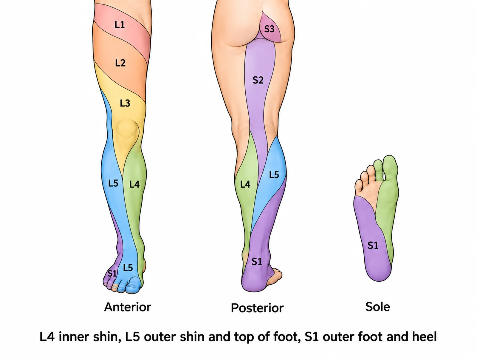 Lower limb dermatome map in front and back views with the sole, showing L1 to L5 down the front of the leg, S1 on the outer foot and heel, and S2 down the back of the thigh