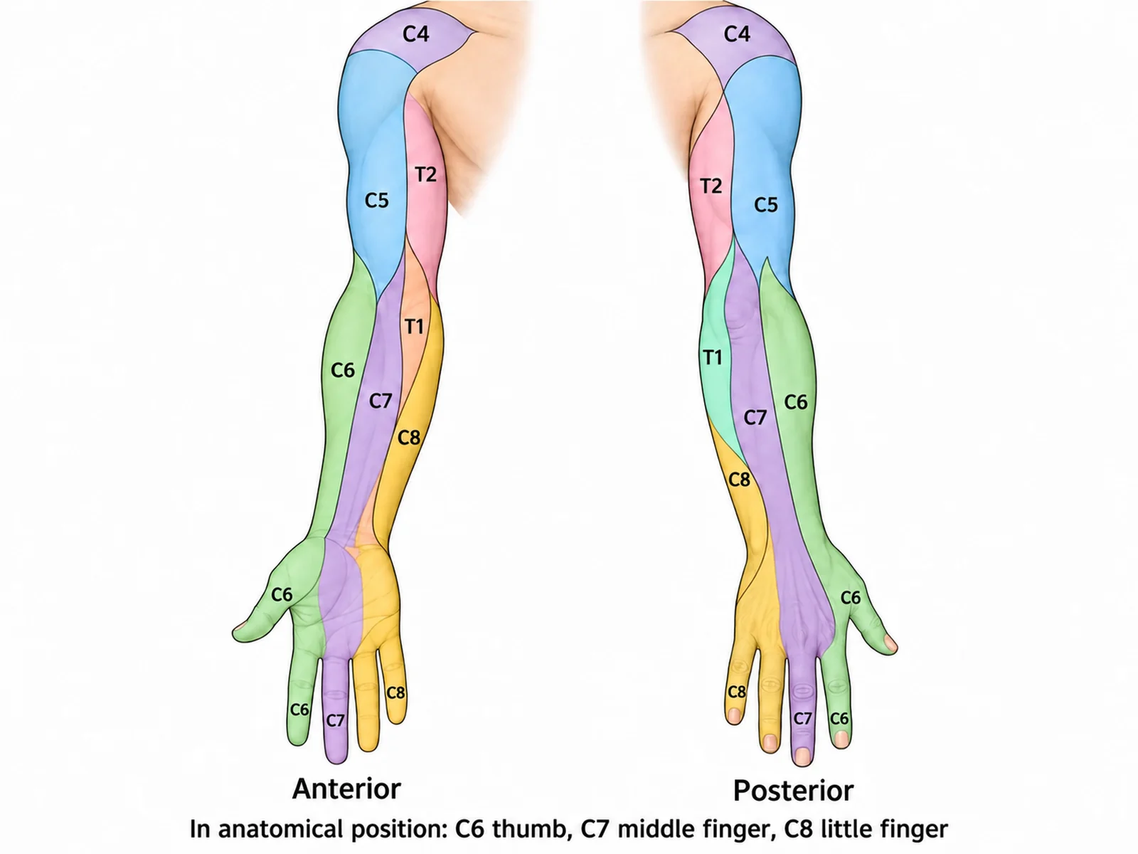 Upper limb dermatome map in front and back views showing C5 on the outer upper arm, C6 to the thumb, C7 to the middle finger, C8 to the little finger, T1 on the inner forearm and T2 on the inner upper arm