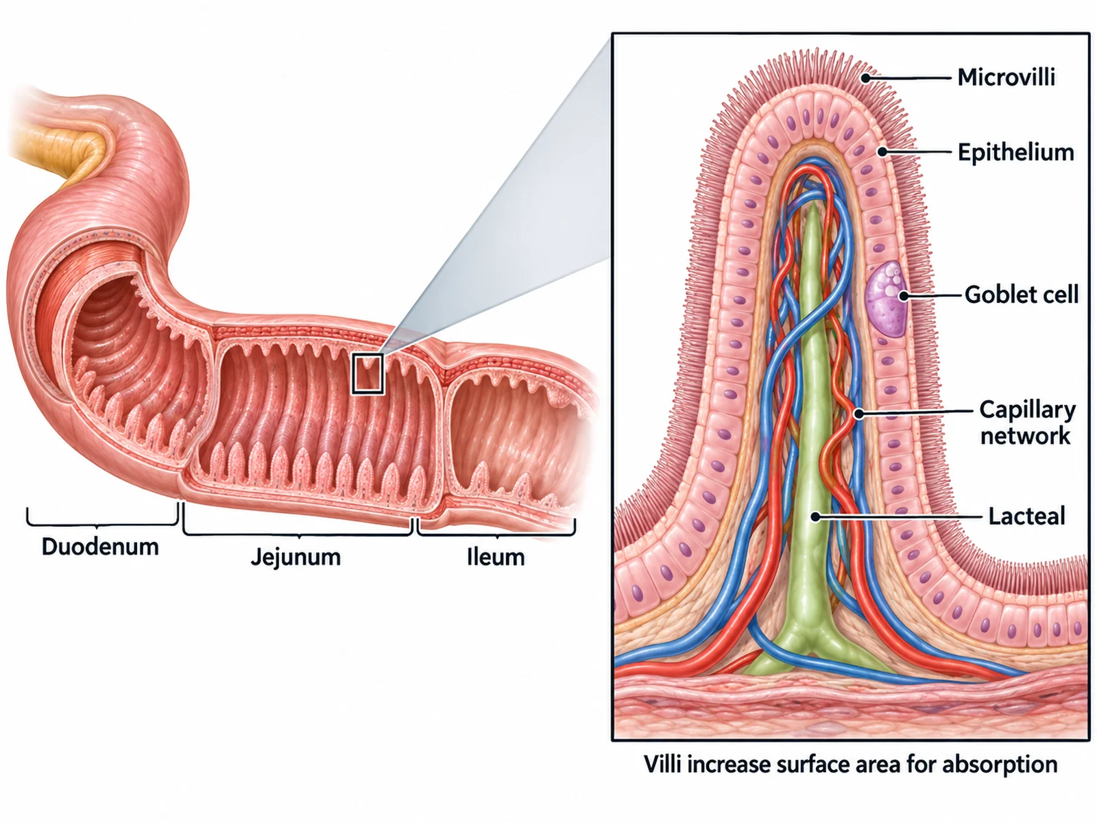 Labeled diagram of the small intestine with a magnified view of a villus showing epithelium, capillary network, and lacteal