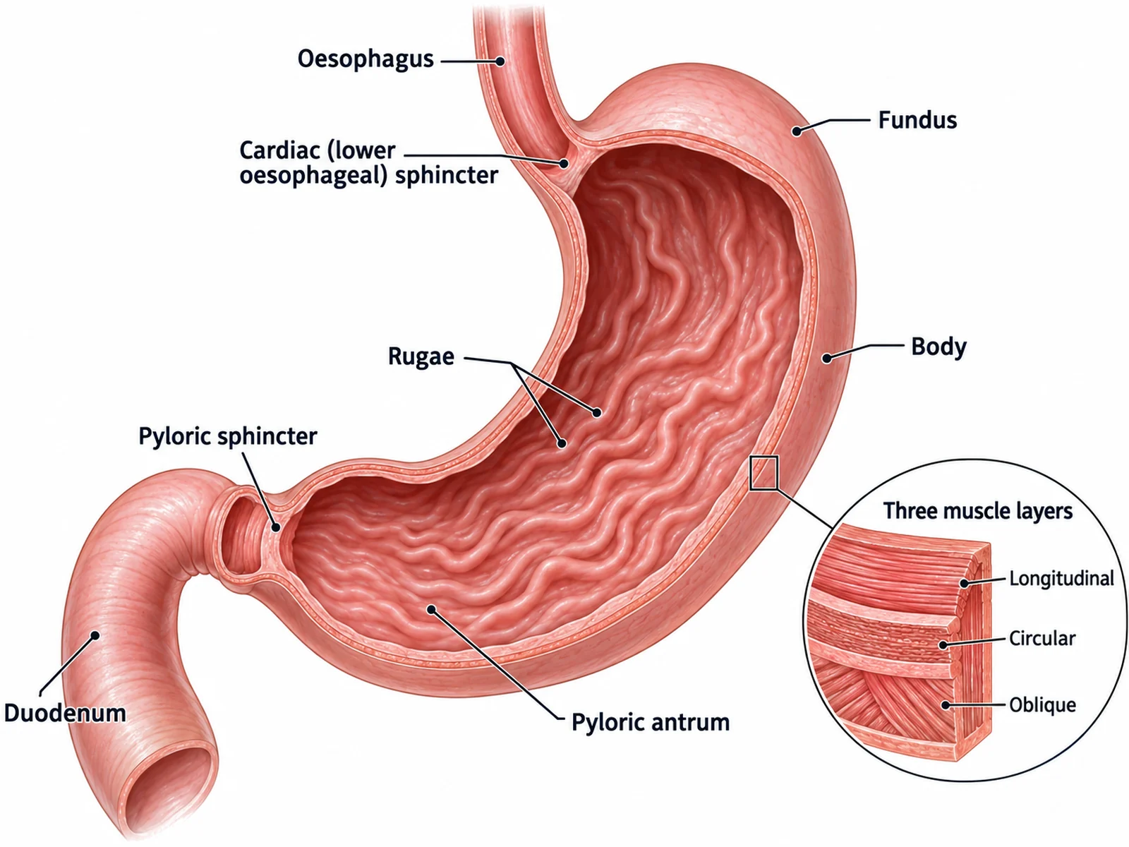 Labeled stomach diagram showing the cardiac sphincter, fundus, body, rugae, pyloric antrum, pyloric sphincter, and muscle layers
