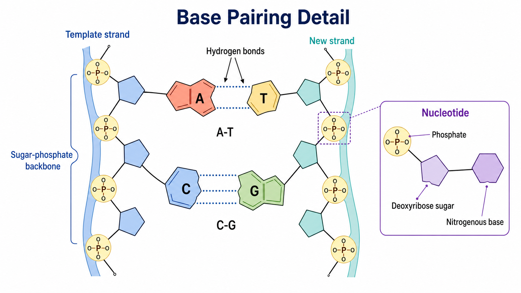 DNA replication base pairing diagram with A-T and C-G pairs, hydrogen bonds, sugar-phosphate backbone, template strand, and new strand labels