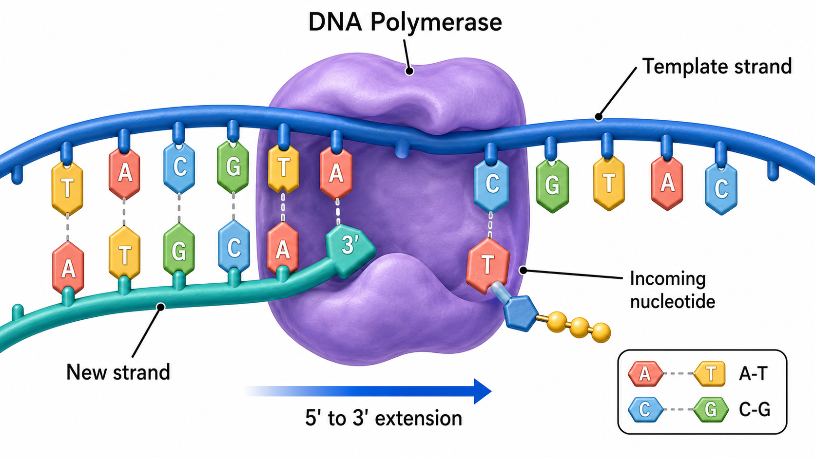 DNA polymerase mechanism diagram showing template strand, primer, incoming nucleotides, new DNA strand, and synthesis direction