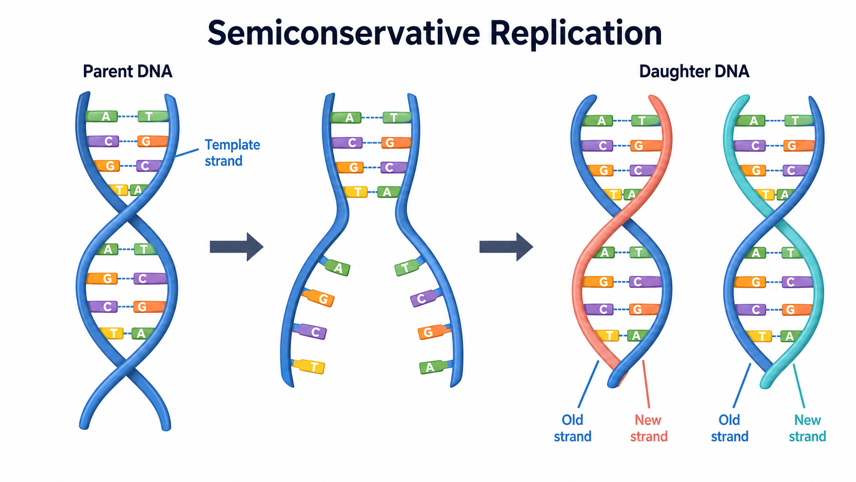 Semiconservative DNA replication diagram showing one parent helix producing two daughter DNA molecules with old and new strands labeled
