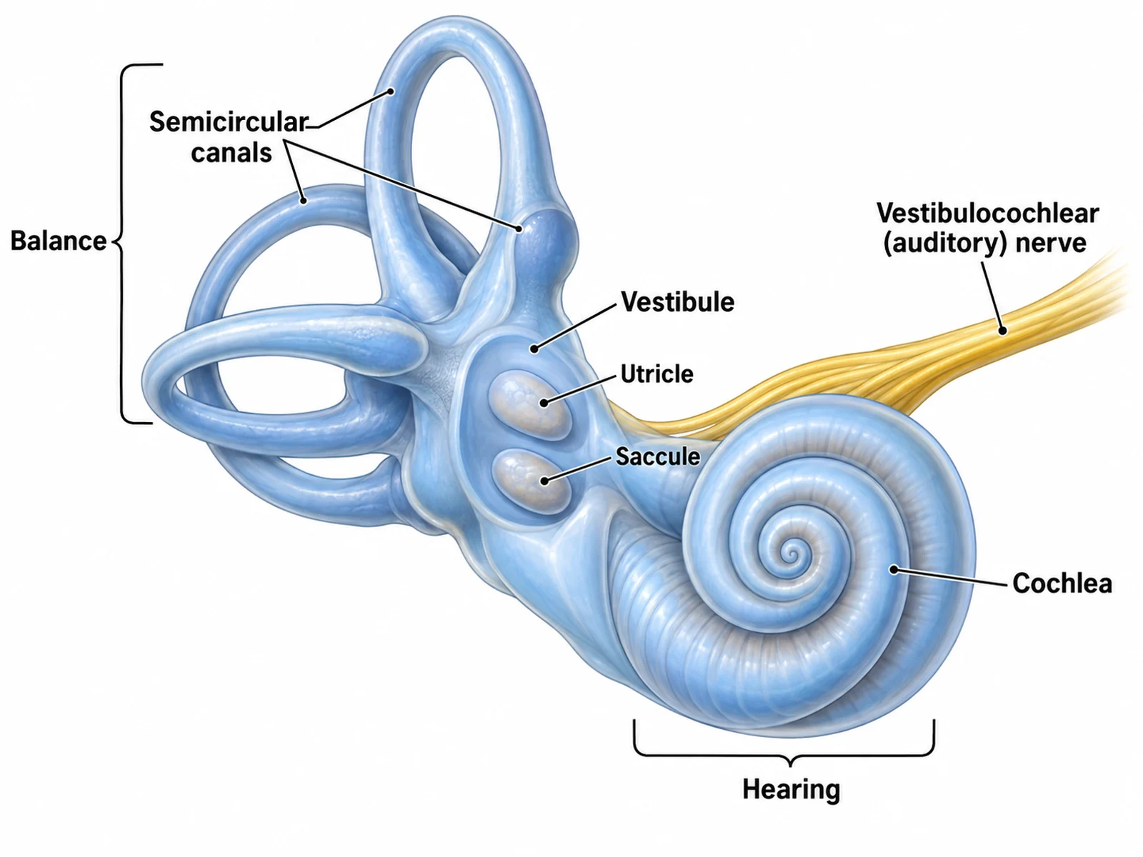 Labeled inner ear diagram showing the cochlea, three semicircular canals, vestibule, and their roles in hearing and balance