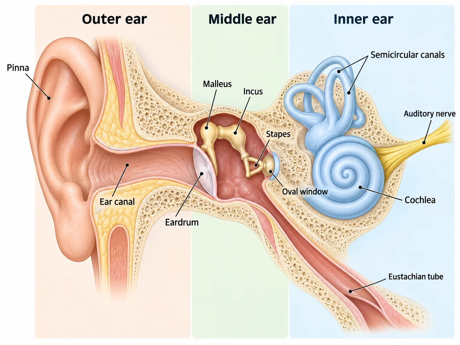 Labeled human ear cross-section naming the pinna, ear canal, eardrum, malleus, incus, stapes, oval window, Eustachian tube, cochlea, semicircular canals, and auditory nerve
