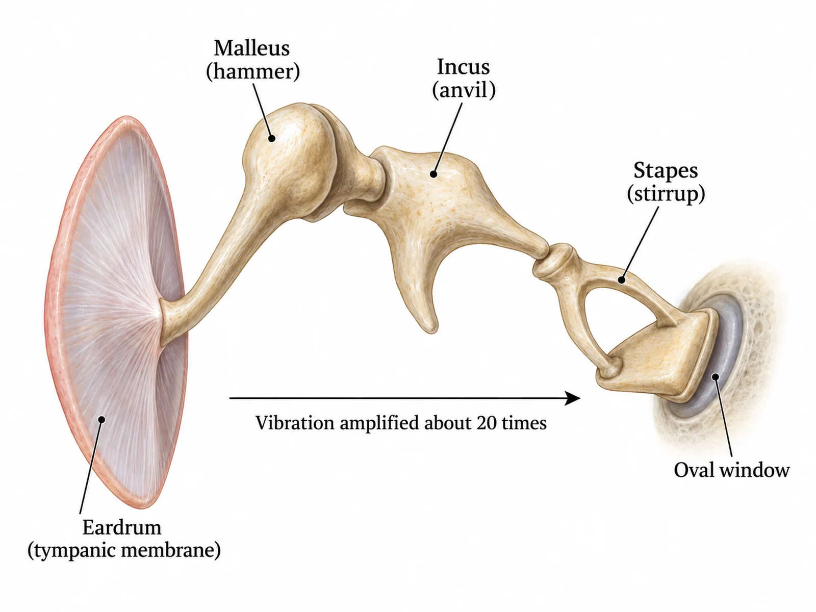 Magnified diagram of the malleus, incus, and stapes showing how they connect the eardrum to the oval window