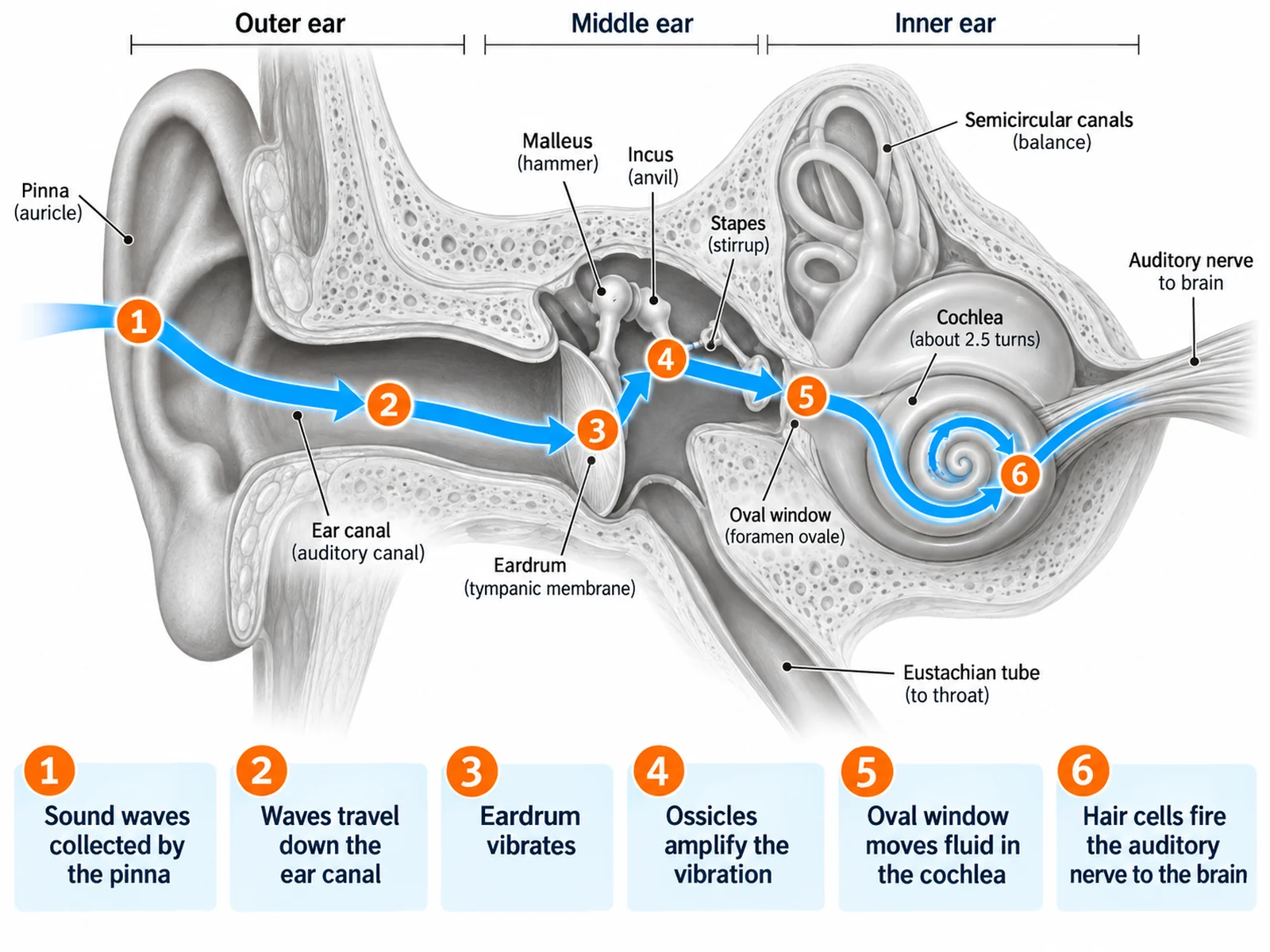 Ear diagram tracing the path of sound from the pinna through the ossicles to the cochlea and auditory nerve