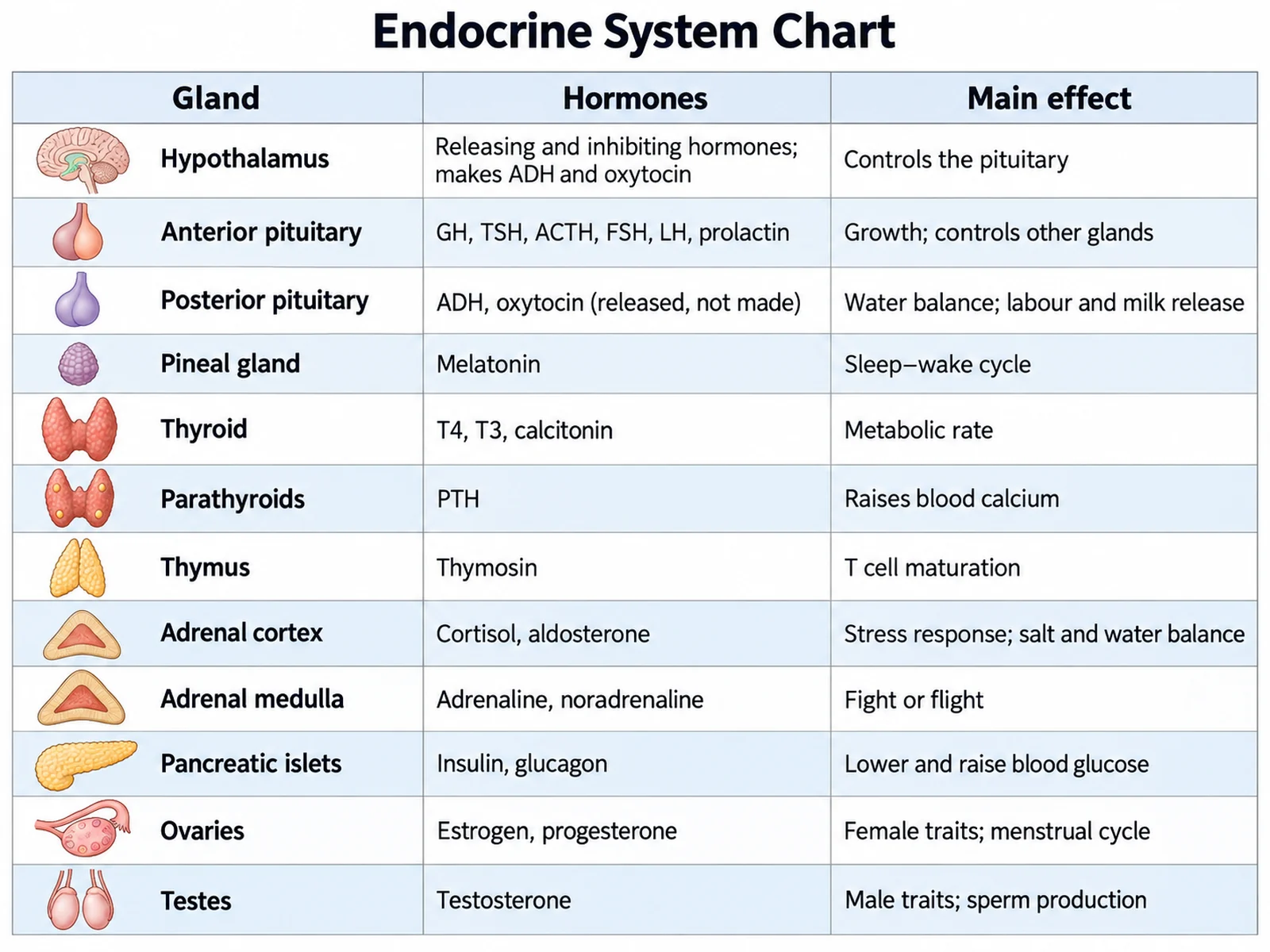 Endocrine system chart listing each gland with its hormones and main effect, from the hypothalamus and pituitary to the pancreas and gonads