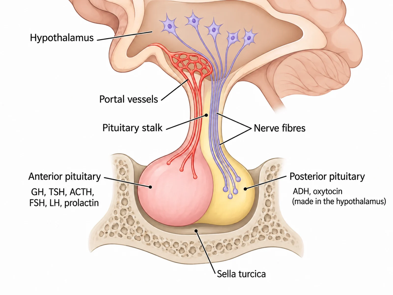 Labeled close-up of the hypothalamus and pituitary gland showing the stalk, portal vessels to the anterior pituitary and nerve fibres to the posterior pituitary
