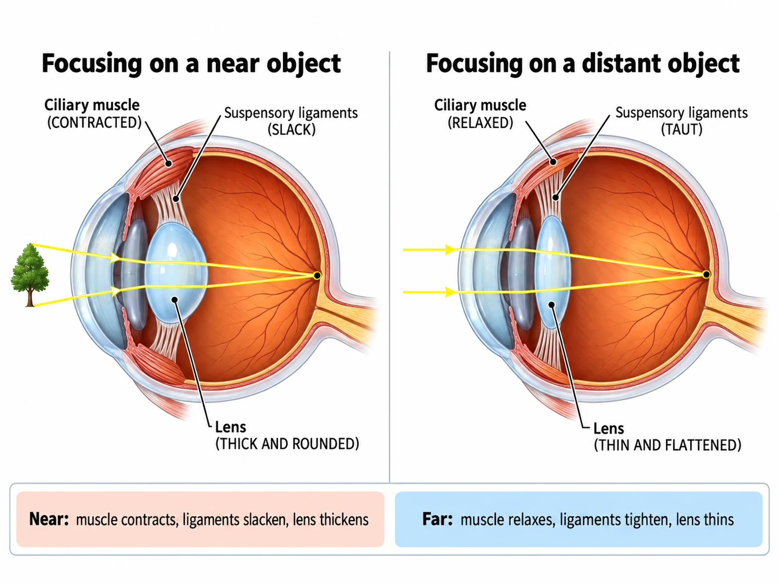 Two-panel diagram comparing lens shape and ciliary muscle state when focusing on near and distant objects