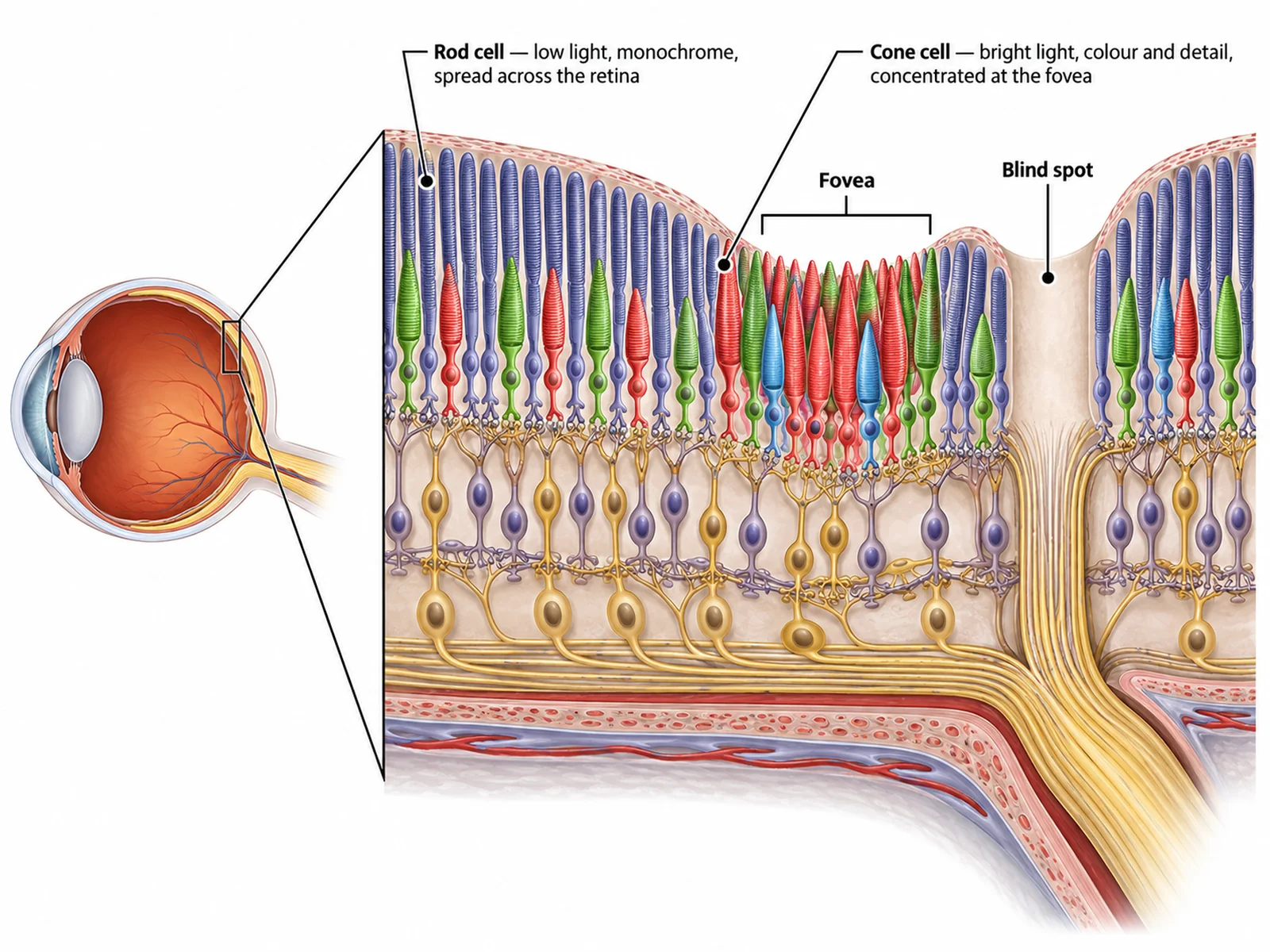 Magnified retina diagram showing rod and cone cells, the fovea, and the blind spot where the optic nerve leaves