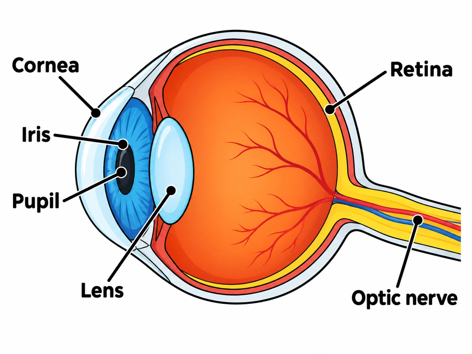 Simple eye diagram for younger students labeling only the cornea, iris, pupil, lens, retina, and optic nerve